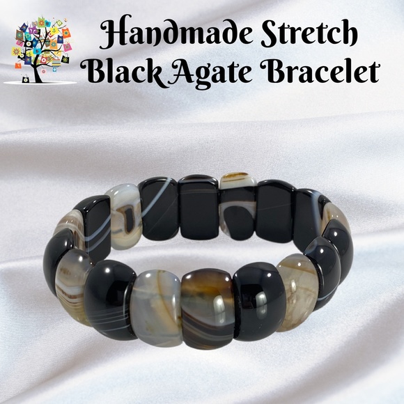 Dragonfly Spirit Designs Jewelry - Handmade Black and White Agate Natural Stone Stretch Bracelet